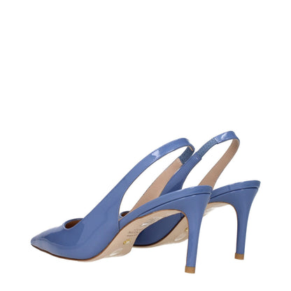 Stuart Weitzman Light Blue Leather High Heel Pumps with pointy toe and mid heels, side view.