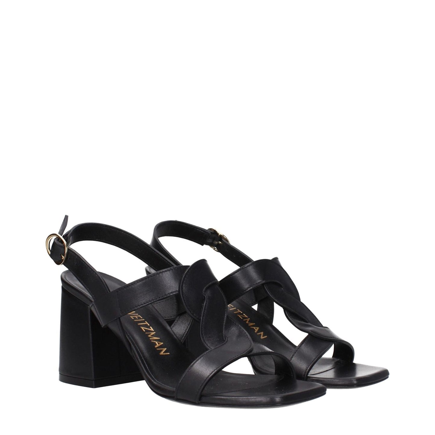 Stuart Weitzman Black Leather Platform Sandals with buckle closure and mid heels, open toe design, MPN IBIZA75SMOSH845BLACK