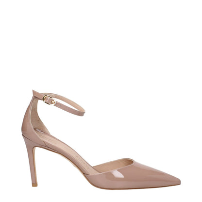Alt Tag: Stuart Weitzman Pink Leather Stiletto Heel Sandals with buckle closure and leather sole, 8.5 cm mid heels, pointy toe.
