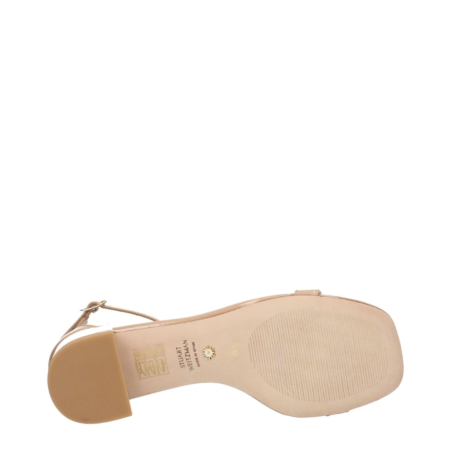 Bottom view of Stuart Weitzman Pink Leather Flat Sandals showing leather sole and buckle closure.
