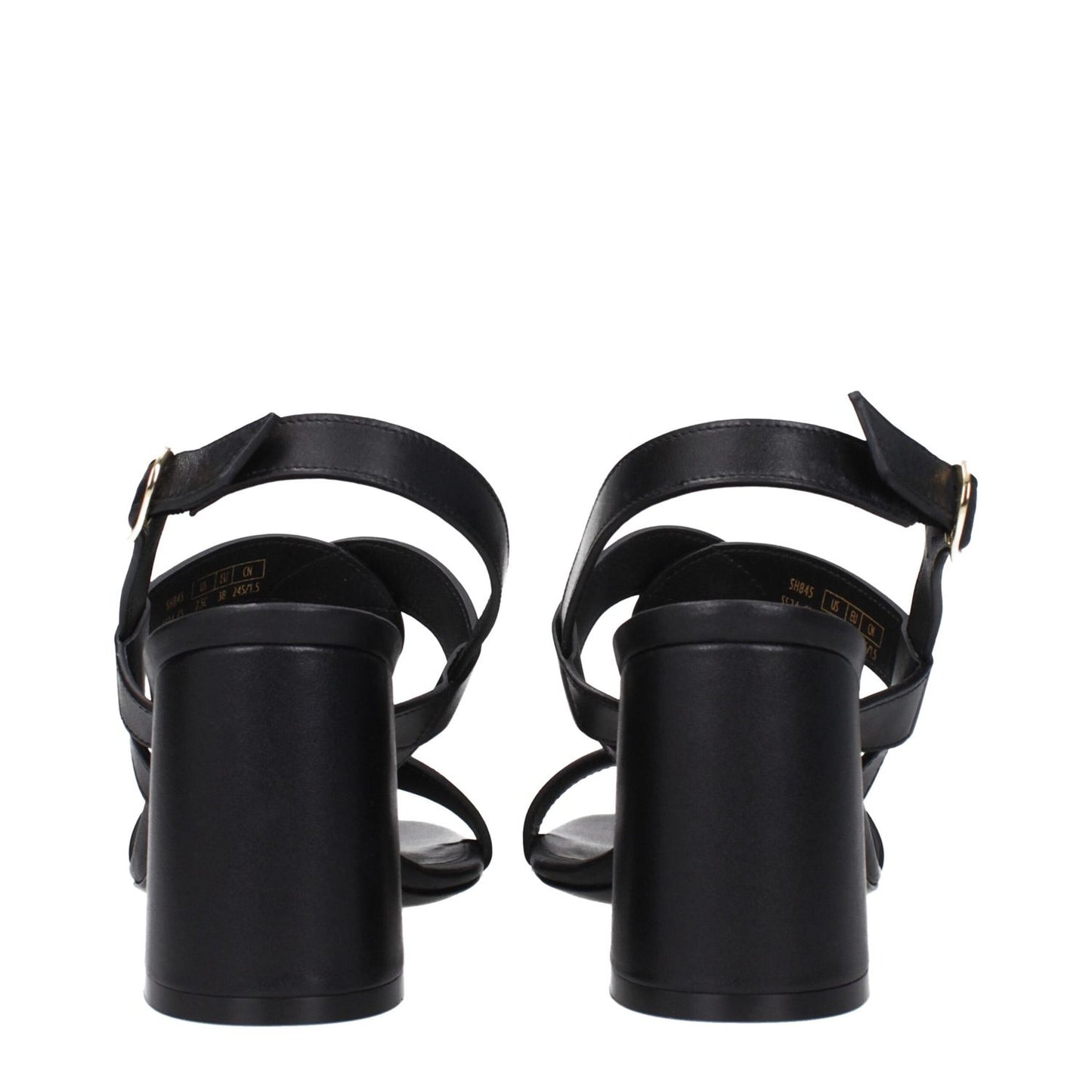 Stuart Weitzman Black Leather Platform Sandals with buckle closure and open toe, featuring mid heels and leather sole, rear view.