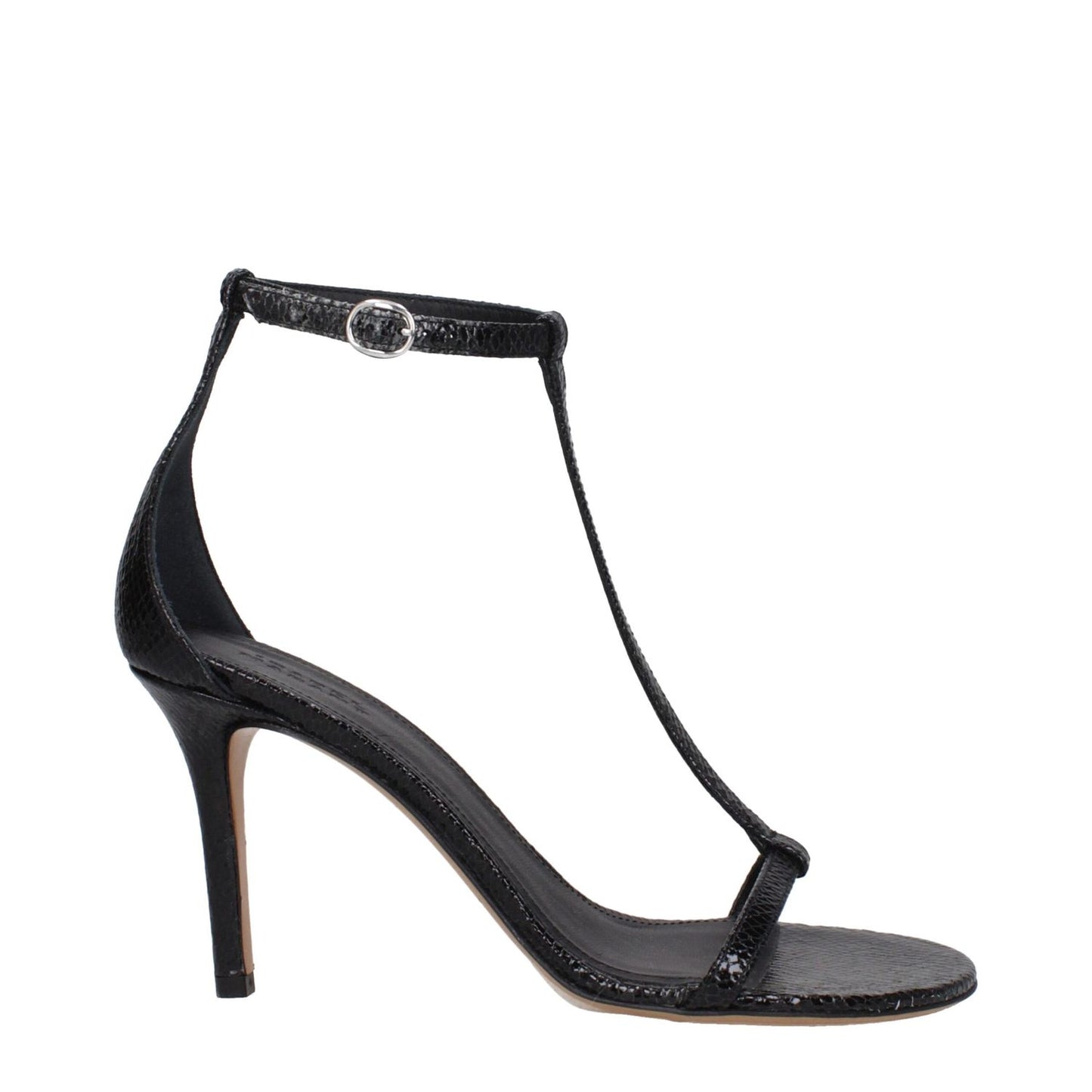 Isabel Marant Black Leather Stiletto Heel Sandals with buckle closure, leather sole, 8.5 cm high heel, open toe, and python print.