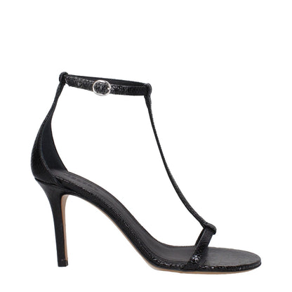 Isabel Marant Black Leather Stiletto Heel Sandals with buckle closure, leather sole, 8.5 cm high heel, open toe, and python print.