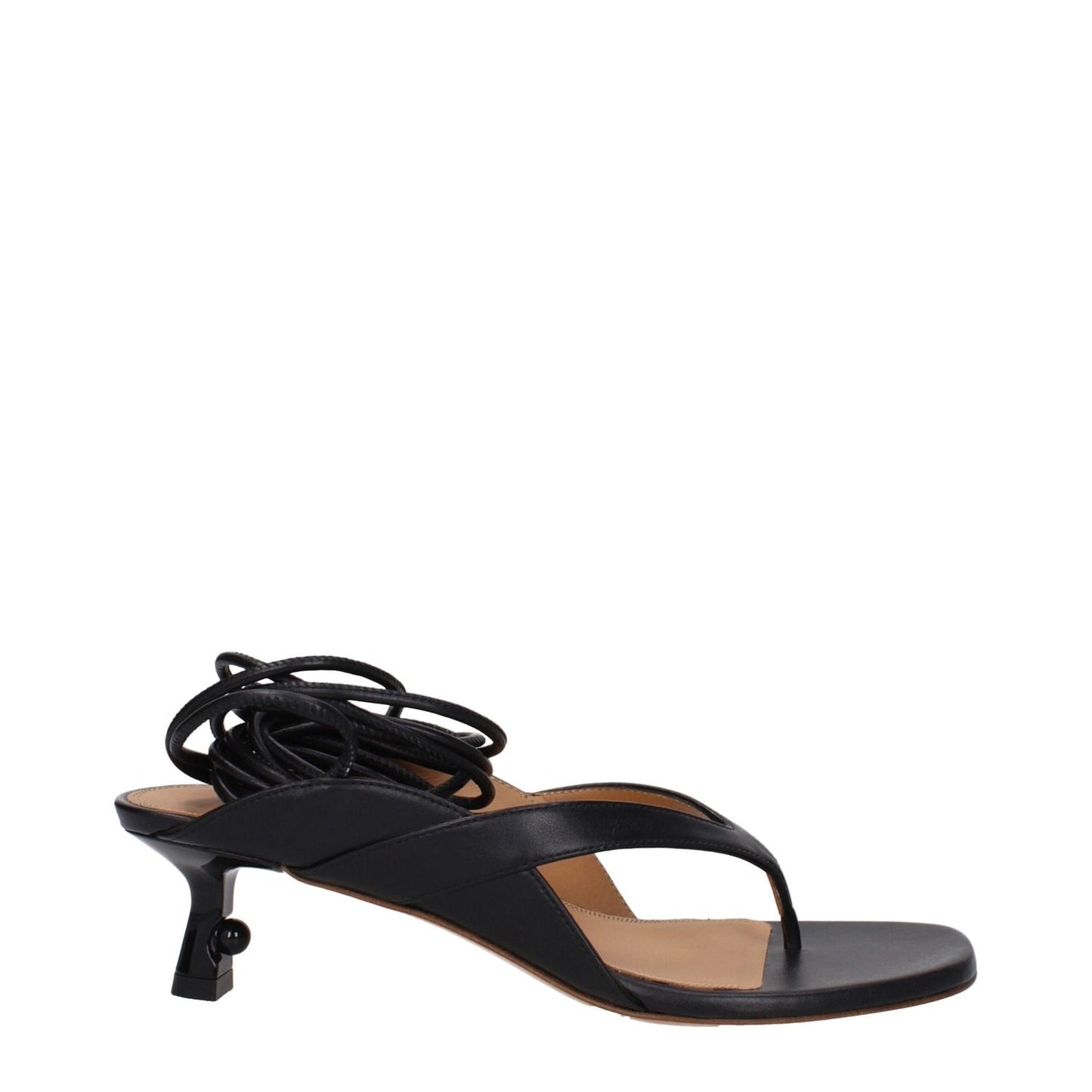 Off-White Black Leather Flip-Flop Sandals with self tie closure and mid heels, featuring open toe design.