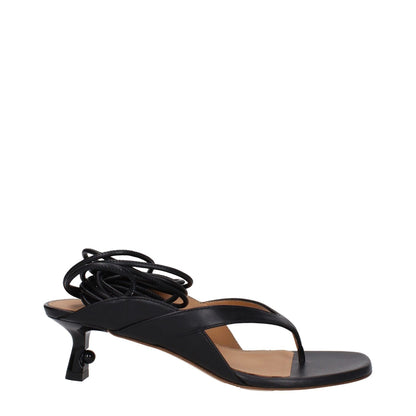 Off-White Black Leather Flip-Flop Sandals with self tie closure and mid heels, featuring open toe design.