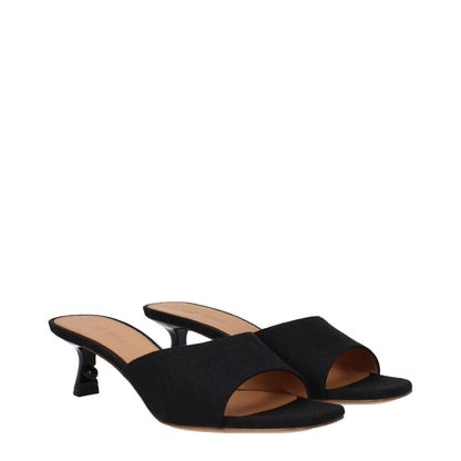 Off-White Black Linen Flat Sandals with open toe and mid heels, made of linen and leather sole, shown in a side view.