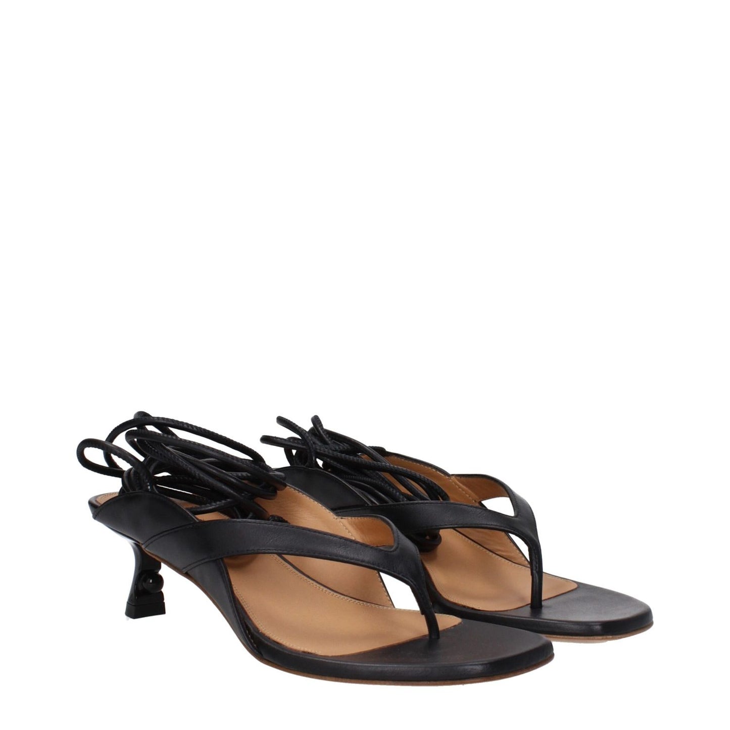 Off-White Black Leather Flip-Flop Sandals with self tie closure and mid heels, featuring an open toe design and leather sole.
