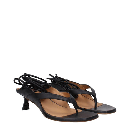 Off-White Black Leather Flip-Flop Sandals with self tie closure and mid heels, featuring an open toe design and leather sole.