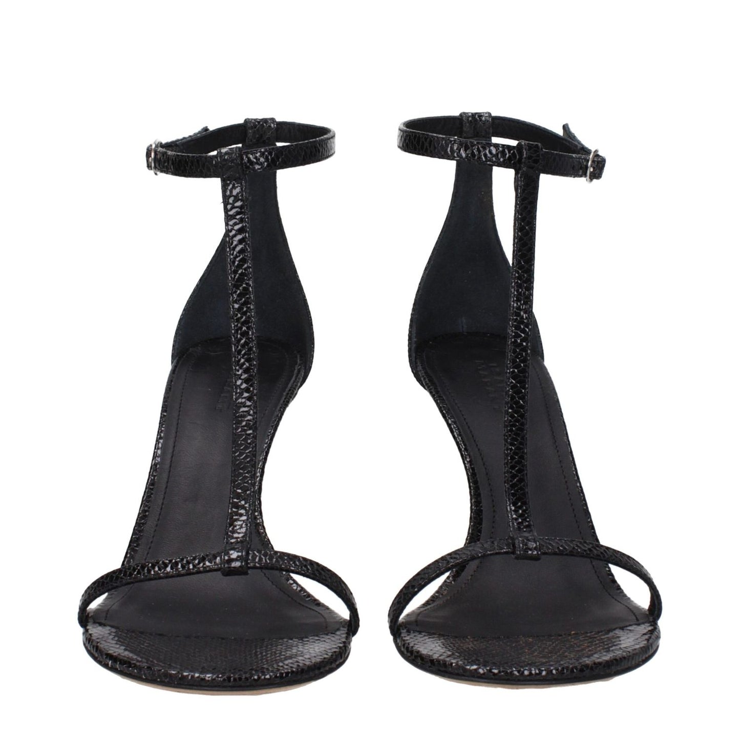 Isabel Marant Black Leather Stiletto Heel Sandals with buckle closure and python print, open toe design with high heel.