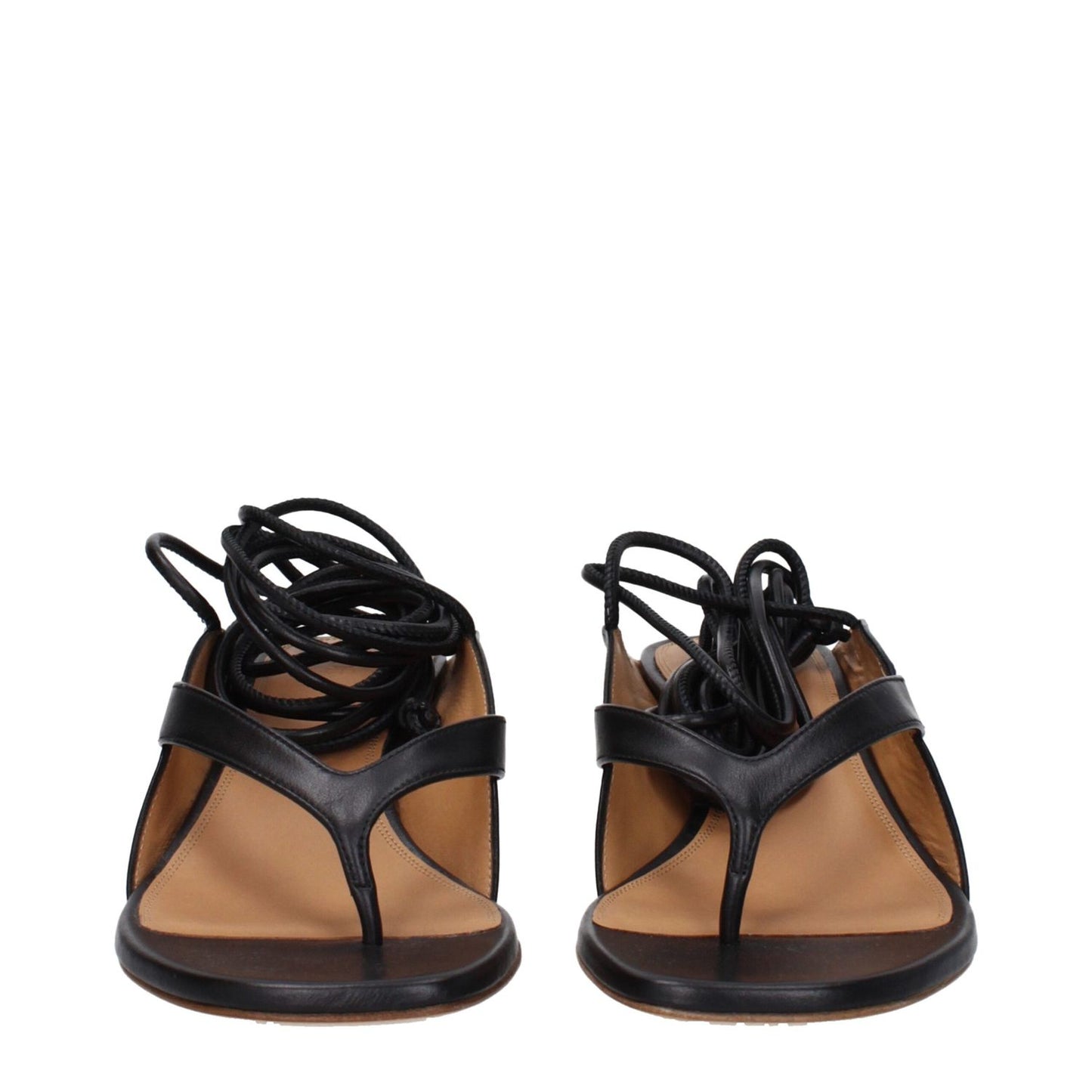 Off-White Black Leather Flip-Flop Sandals with self-tie closure and open toe, mid heel sandals front view
