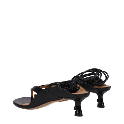 Off-White Black Leather Flip-Flop Sandals with self tie closure, open toe, mid heels, leather sole, and heel height of 5.5 cm.