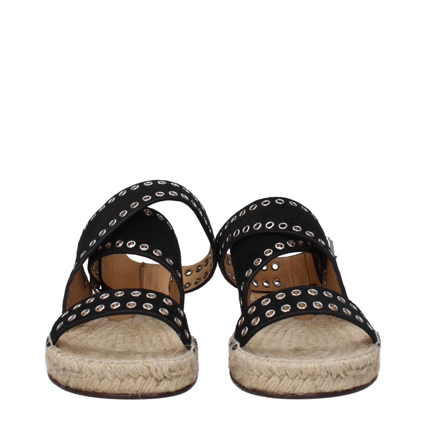 Isabel Marant Black Leather Flat Sandals with studs, silver accents, buckle closure, and leather sole; open toe, low flat heel design.