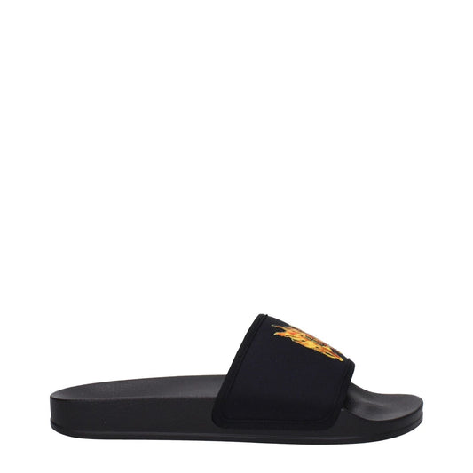 Palm Angels Black Fabric Slippers with rubber sole, open toe, and front logo design, MPN PMIC010MAT0021020, side view.