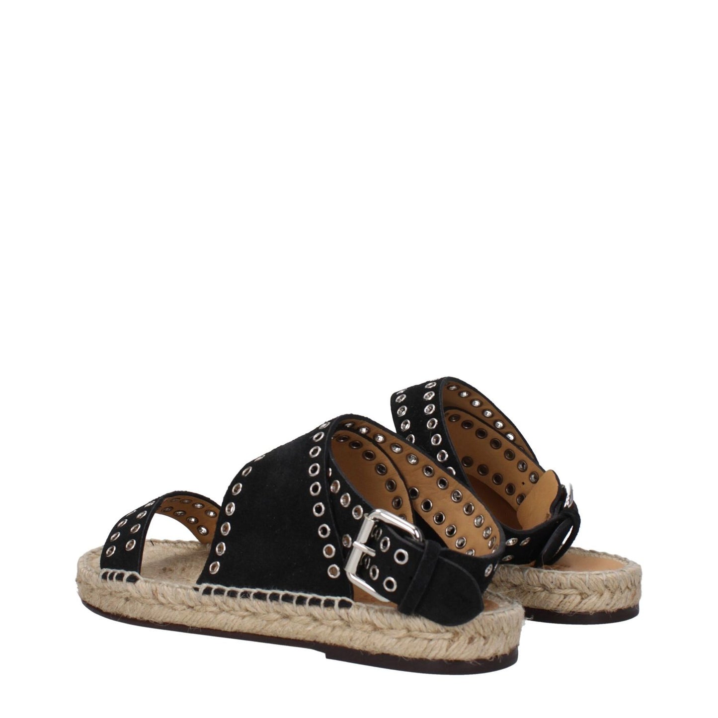 Isabel Marant Black Leather Flat Sandals with studded suede, open toe, and buckle closure on a low, flat leather sole.