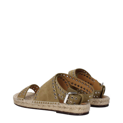 Isabel Marant Green Leather Flat Sandals with studs, open toe, leather sole, buckle closure, low flat heel, silver and turtledove details.