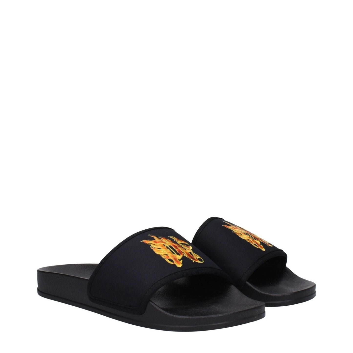 Palm Angels Black Fabric Slippers with logo and low flat rubber sole, open toe design. MPN: PMIC010MAT0021020.