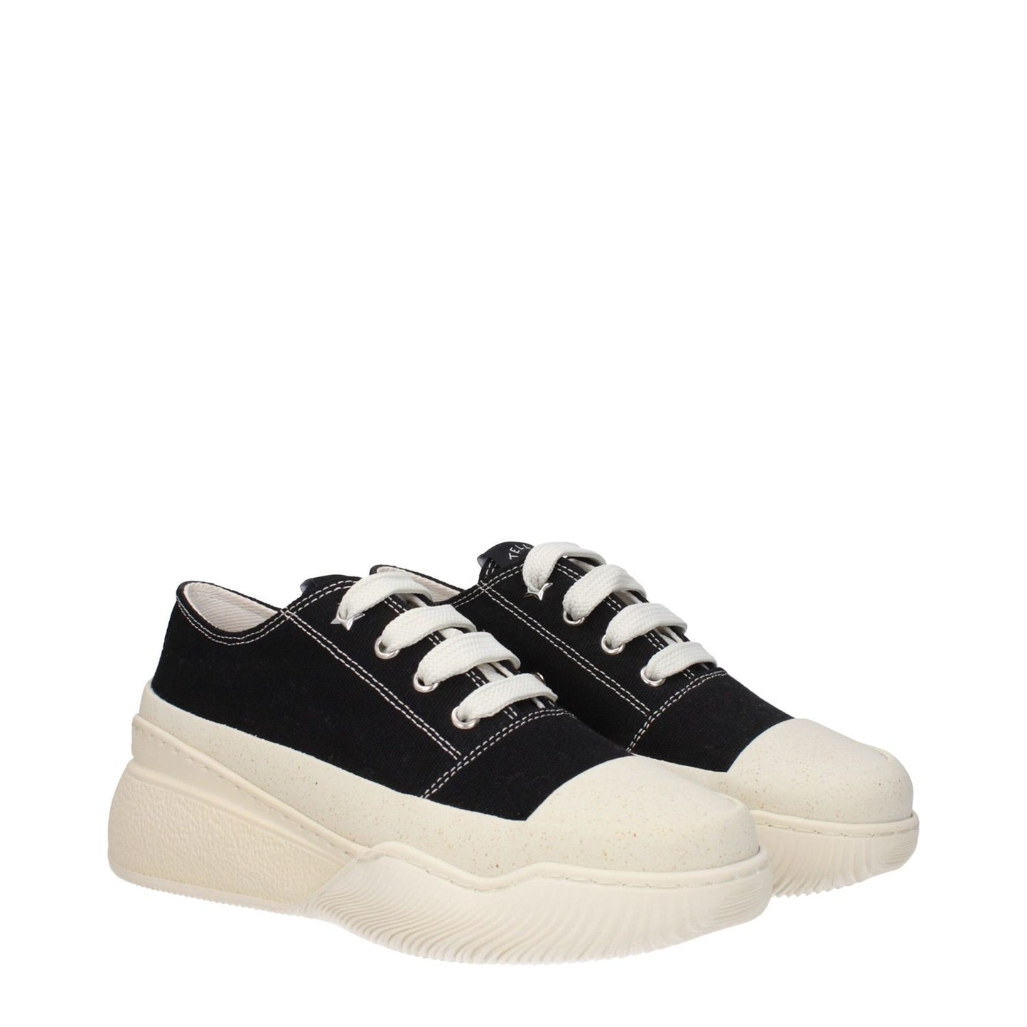 Stella McCartney Black Fabric Chunky Sneakers with rubber sole and lace-up closure featuring logo, round toe, and mid heels.