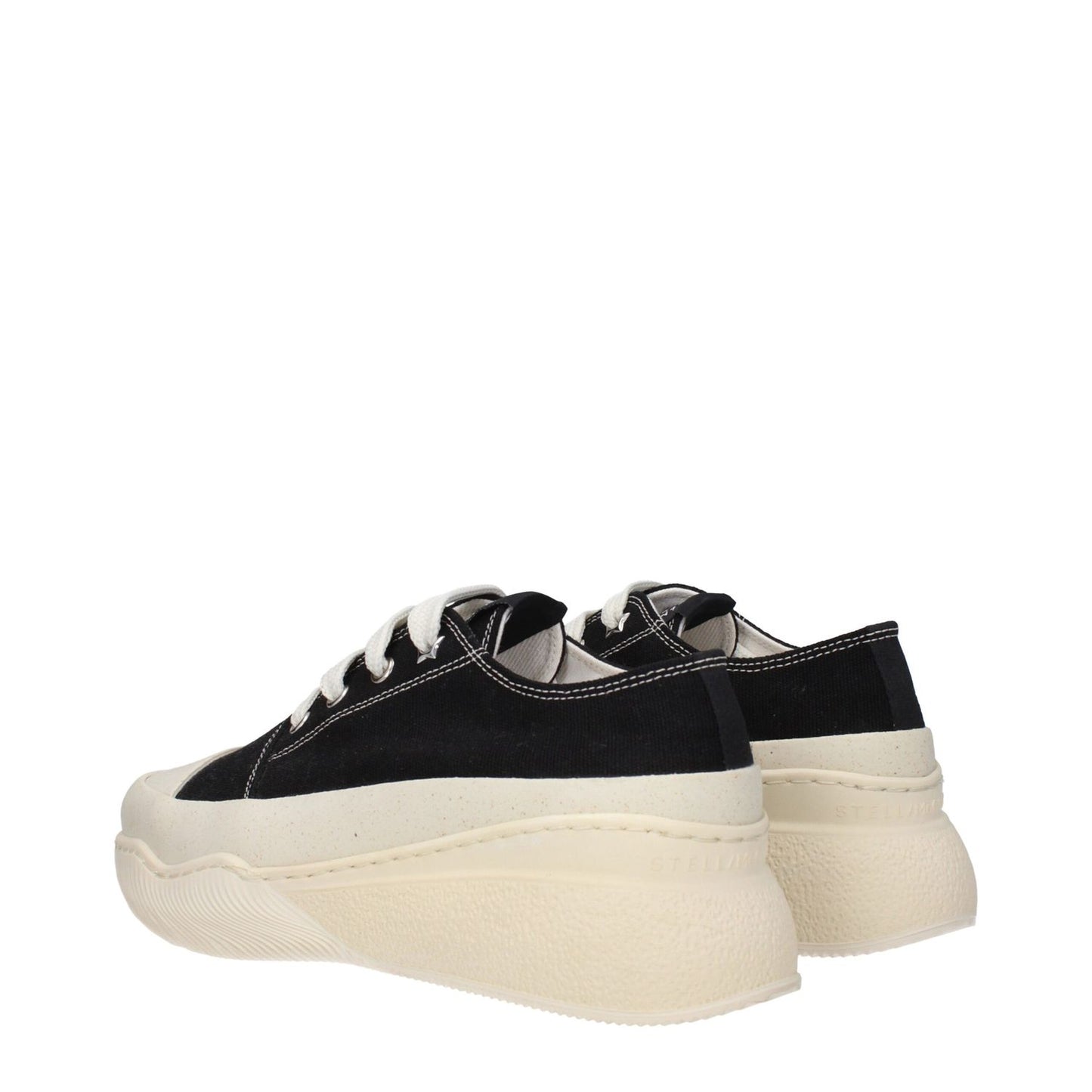 Stella McCartney Black Fabric Chunky Sneakers with lace-up closure and rubber sole, mid heels, round toe design.