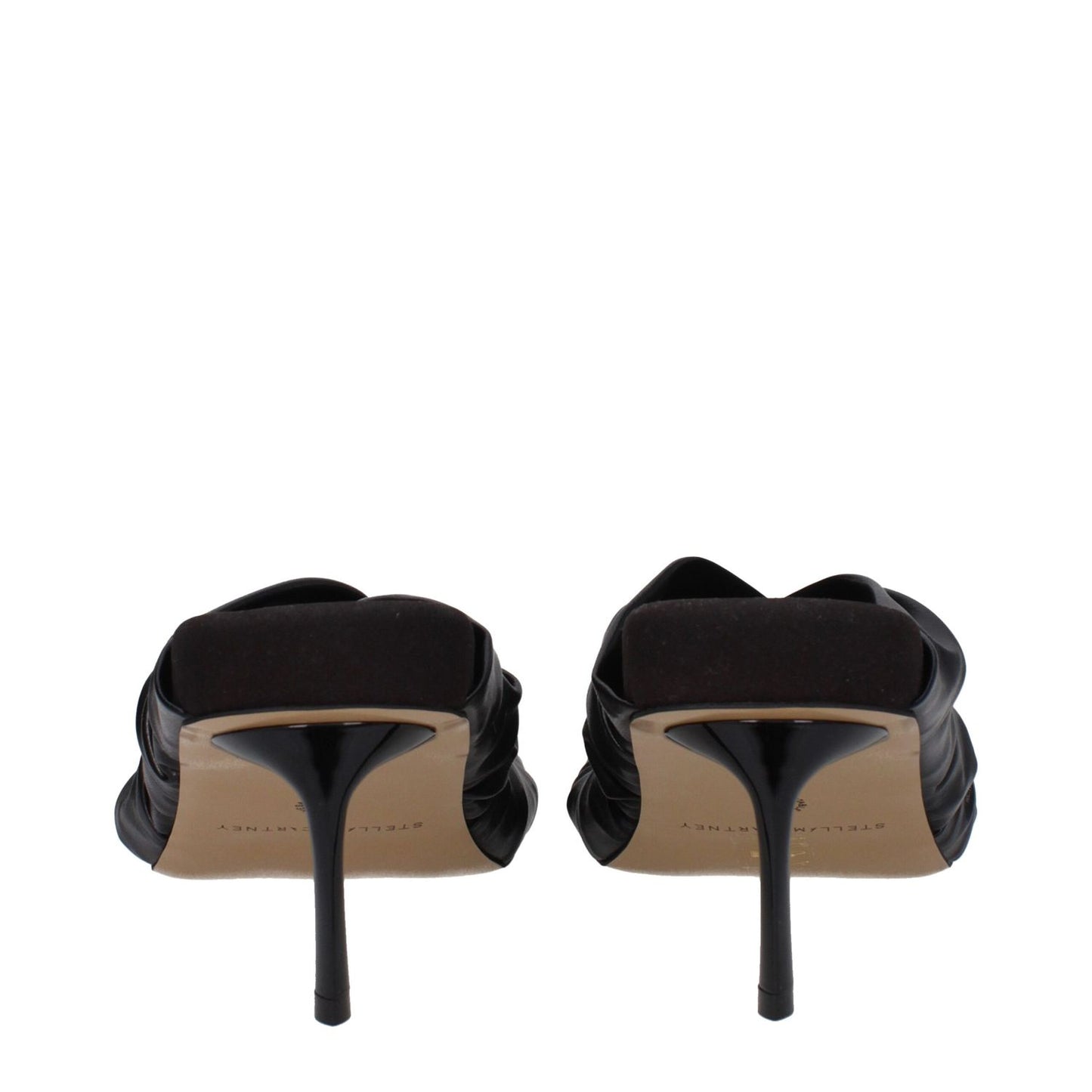 Stella McCartney Black Leather Stiletto Heel Sandals rear view showcasing eco leather and mid heels with 7 cm height.