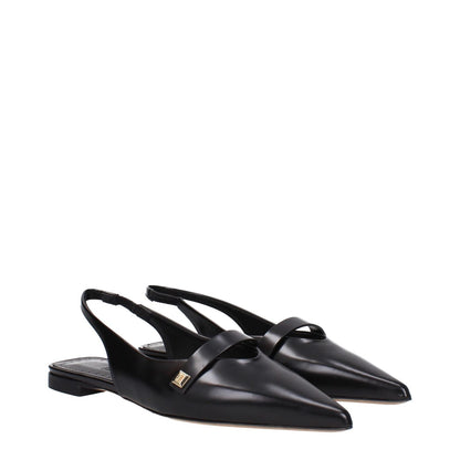 Max Mara Black Leather Ballet Flats with pointy toe, low heel, and logo detail, MPN 24145211116006, code F80880, chic and stylish design.