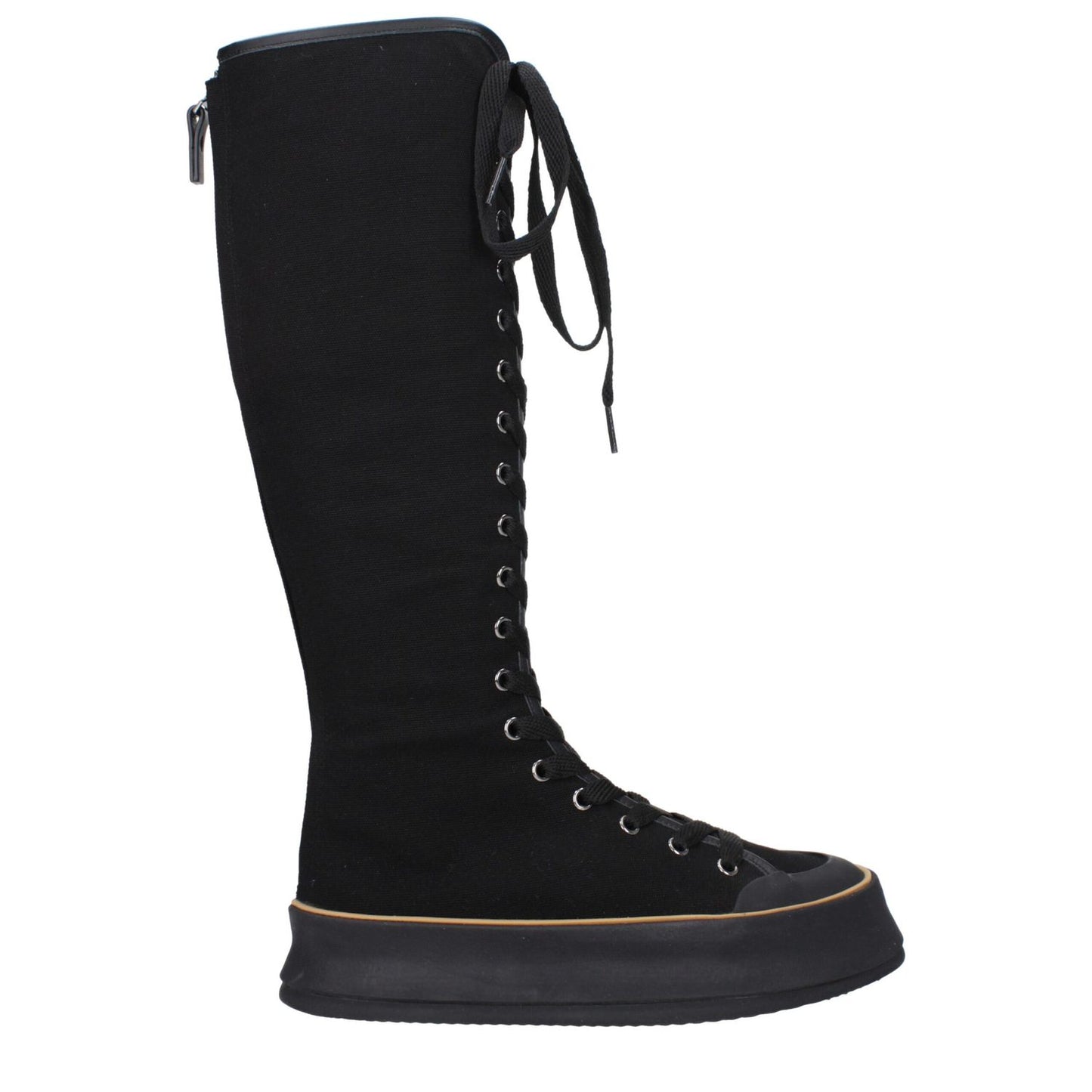 Max Mara Black Fabric Lace-Up Boots with rubber sole and wedge heel, featuring round toe and vintage effect.