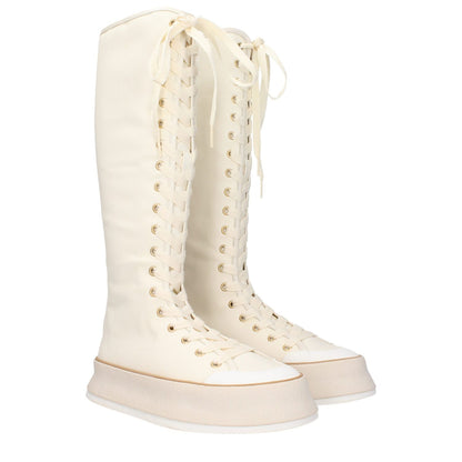 Max Mara Beige Fabric Lace-Up Boots with vintage effect, canvas accents, round toe, and wedge heel. Ideal for casual style.