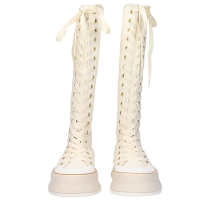 Max Mara Beige Fabric Lace-Up Boots with vintage effect, round toe and wedge heel, featuring fabric material and rubber sole, style casual.