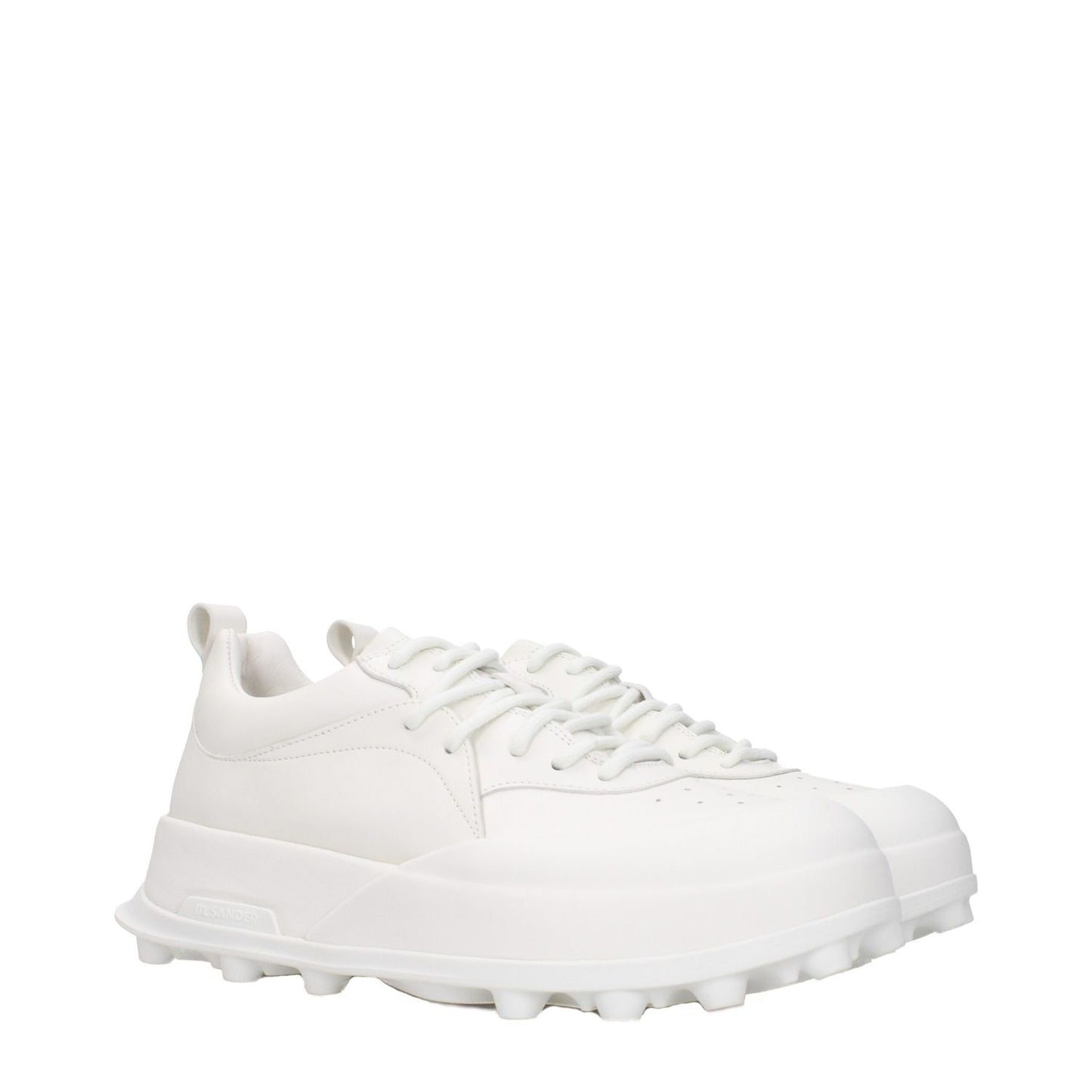 Jil Sander White Leather Sneakers with lace-up closure and sporty glam style, featuring rubber sole and mid heels, side logo visible.