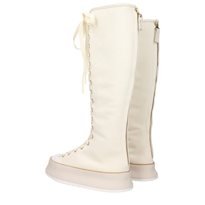 Max Mara Beige Fabric Lace-Up Boots with vintage effect, round toe, and 4 cm wedge, featuring casual style and rubber sole.