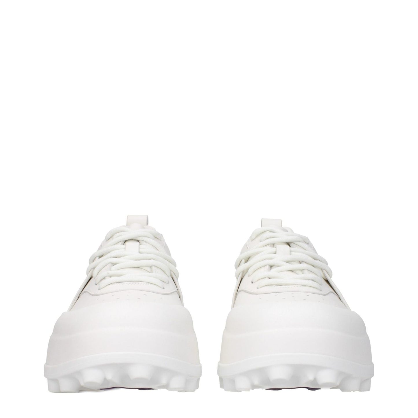 Jil Sander White Leather Sneakers with lace-up closure, side logo detail, and rubber sole, featuring round toe and mid heels.