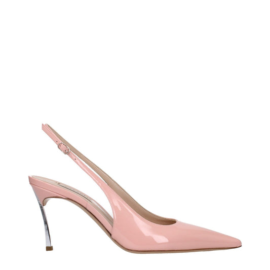 Casadei Pink Leather High Heel Pumps with pointy toe, buckle closure, silver and leather sole, mid heels, 8.5 cm height.