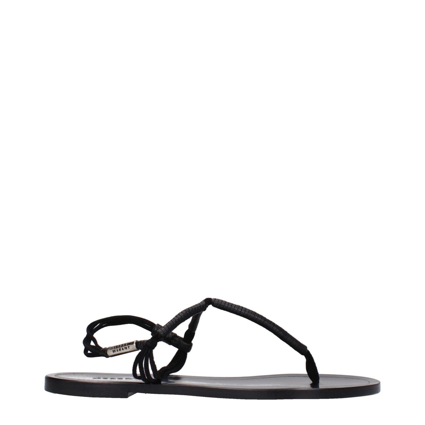 Isabel Marant Black Leather Flip-Flop Sandals featuring a low flat heel and open toe design with side logo detail.