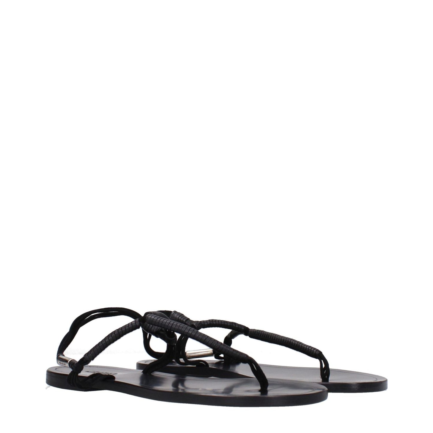 Isabel Marant Black Leather Flip-Flop Sandals, open toe, low flat heel with side logo, style SD0058FAA2B03S01BK, casual footwear.