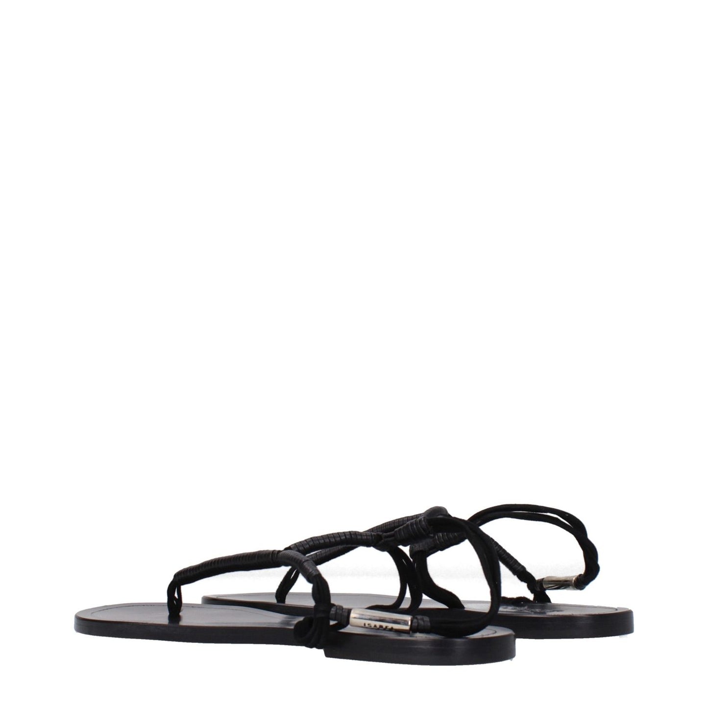 Isabel Marant Black Leather Flip-Flop Sandals with side logo, open toe design, low flat heel, ideal for casual styling.