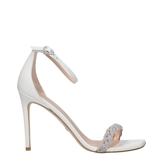 Stuart Weitzman White Leather Stiletto Heel Sandals with buckle closure and rhinestone detail, open toe, 10 cm high heel.