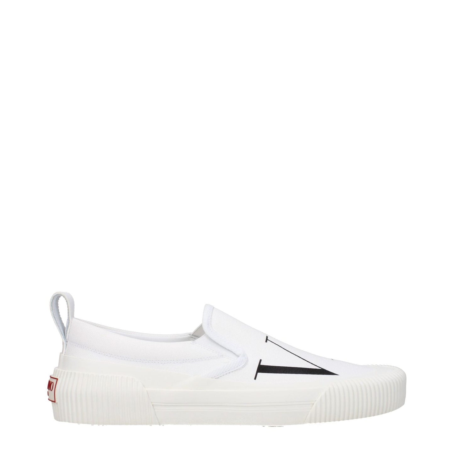 Valentino Garavani White Fabric Slip-On Loafers with rubber sole, round toe, and logo detailing for casual style.