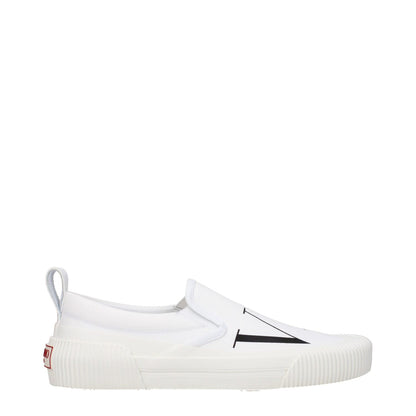 Valentino Garavani White Fabric Slip-On Loafers with rubber sole, round toe, and logo detailing for casual style.