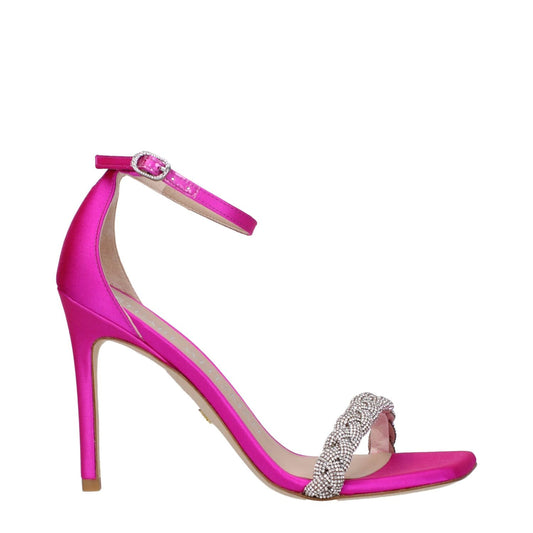 Stuart Weitzman Pink Satin Stiletto Heel Sandals with rhinestone detail, open toe design, and buckle closure.