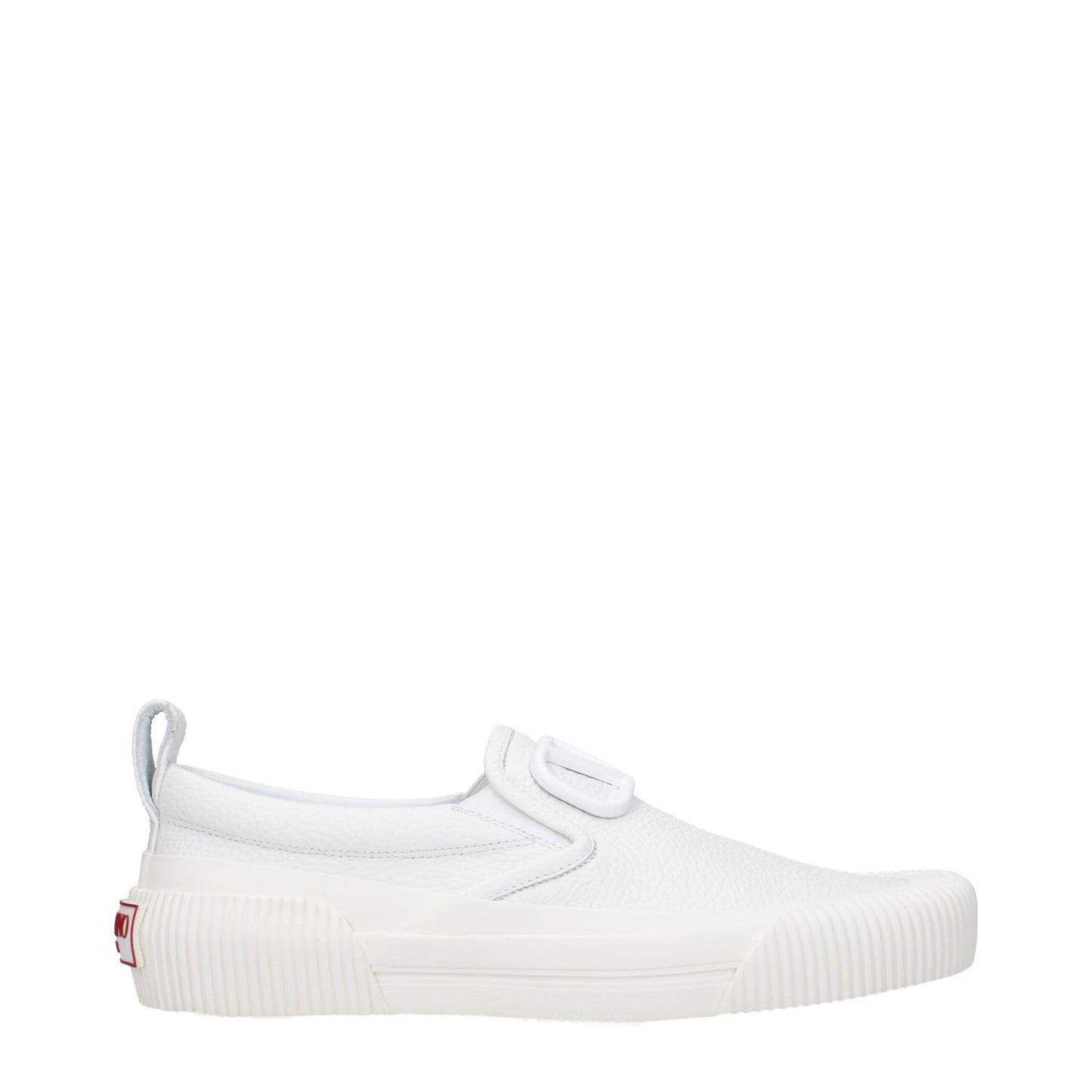 Valentino Garavani White Leather Slip-On Loafers with front and back logo, rubber sole, round toe, and low flat heel style.