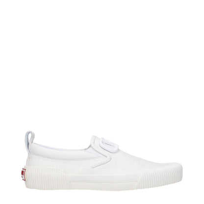 Valentino Garavani White Leather Slip-On Loafers with front and back logo, rubber sole, round toe, and low flat heel style.