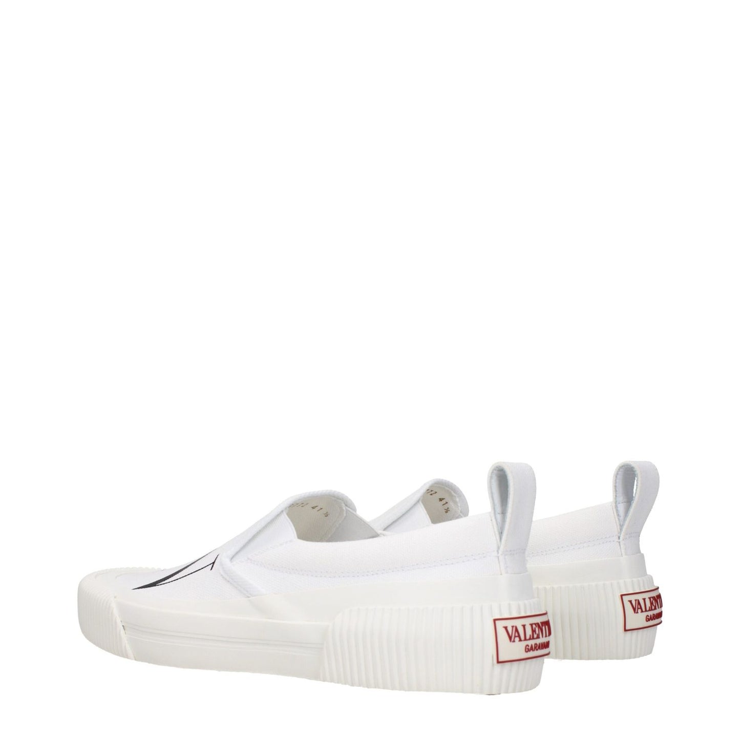 Valentino Garavani White Fabric Slip-On Loafers with logo details, rubber sole, low heel, and round toe.