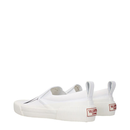 Valentino Garavani White Fabric Slip-On Loafers with logo details, rubber sole, low heel, and round toe.