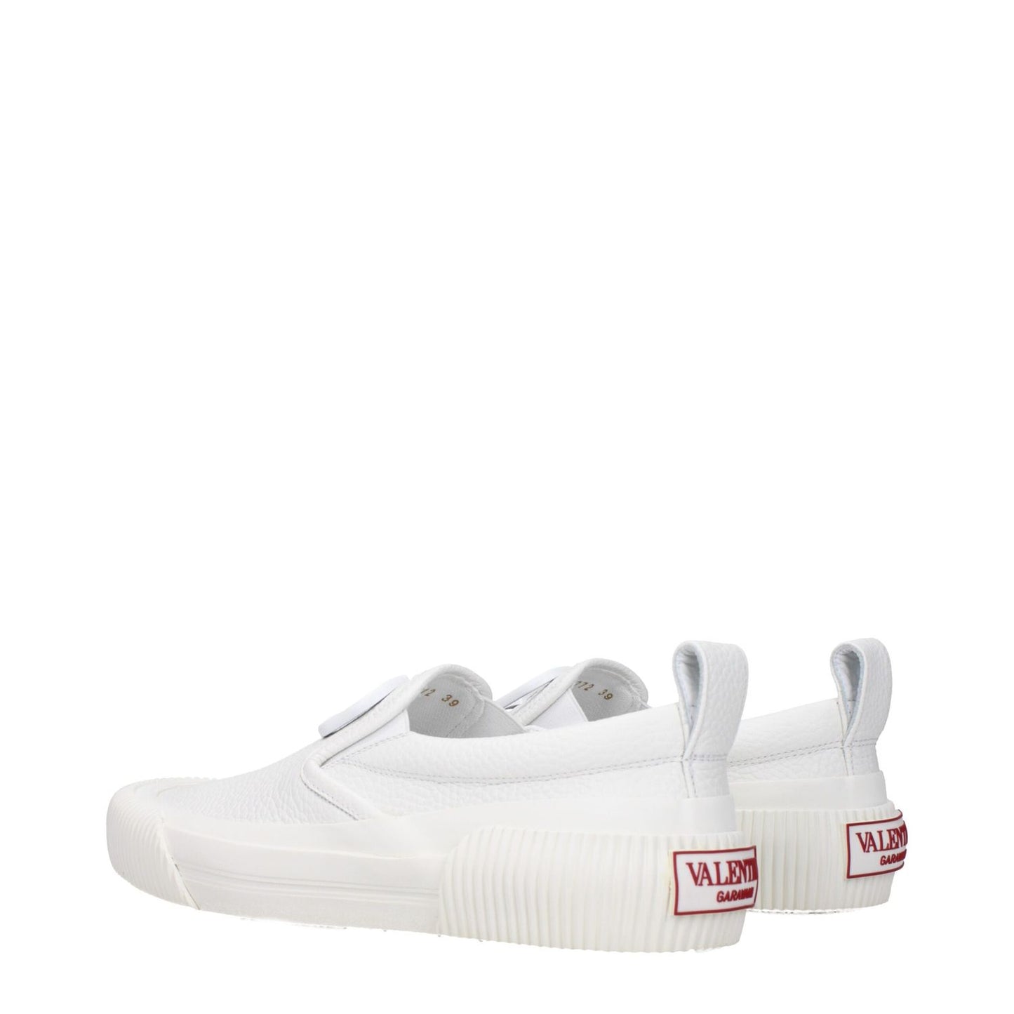 Valentino Garavani White Leather Slip-On Loafers with logos, round toe, rubber sole, low flat heel, casual style.