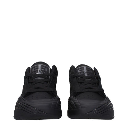 Front view of Givenchy Black Fabric Low Top Sneakers with logos and lace-up closure, featuring round toe and rubber sole.