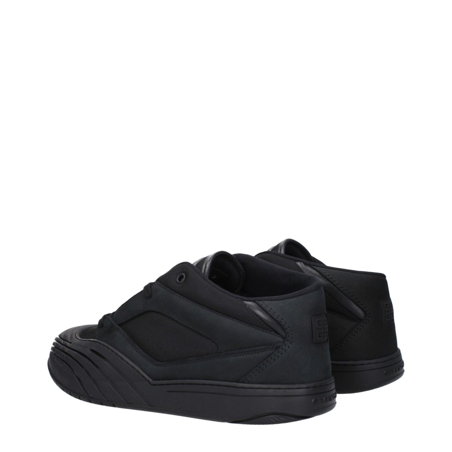 Givenchy Black Fabric Low Top Sneakers with lace-up closure, rubber sole, and logos on front, side, and back.