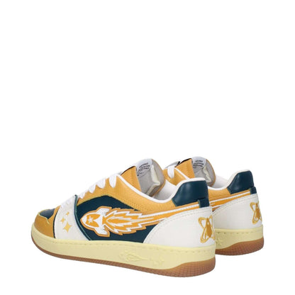Enterprise Japan Green Leather Low Top Sneakers with mustard details, round toe, and flat rubber sole, featuring front and back design elements.