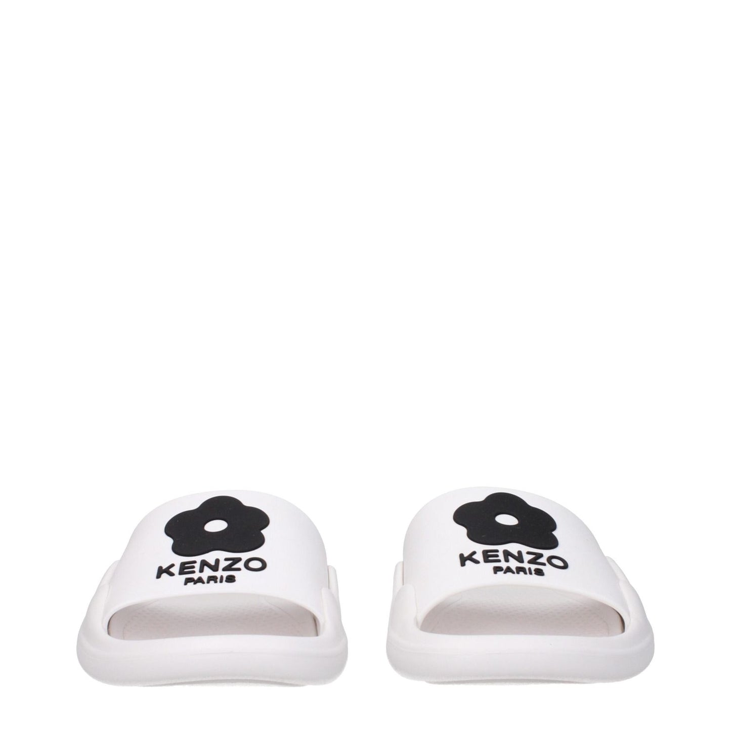 Kenzo White Cotton Slippers with front logo and open toe design, featuring a low flat heel and rubber sole, MPN FE52MU110P5102.