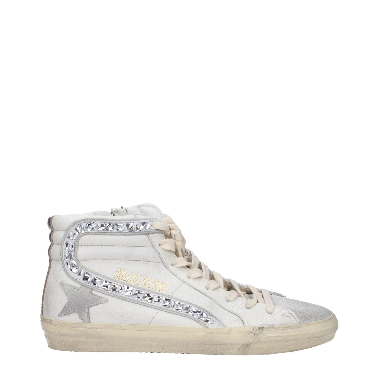 Golden Goose White Leather High Top Sneakers with silver detailing, featuring logos and aged effects in a casual lace-up design.