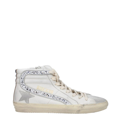 Golden Goose White Leather High Top Sneakers with silver detailing, featuring logos and aged effects in a casual lace-up design.