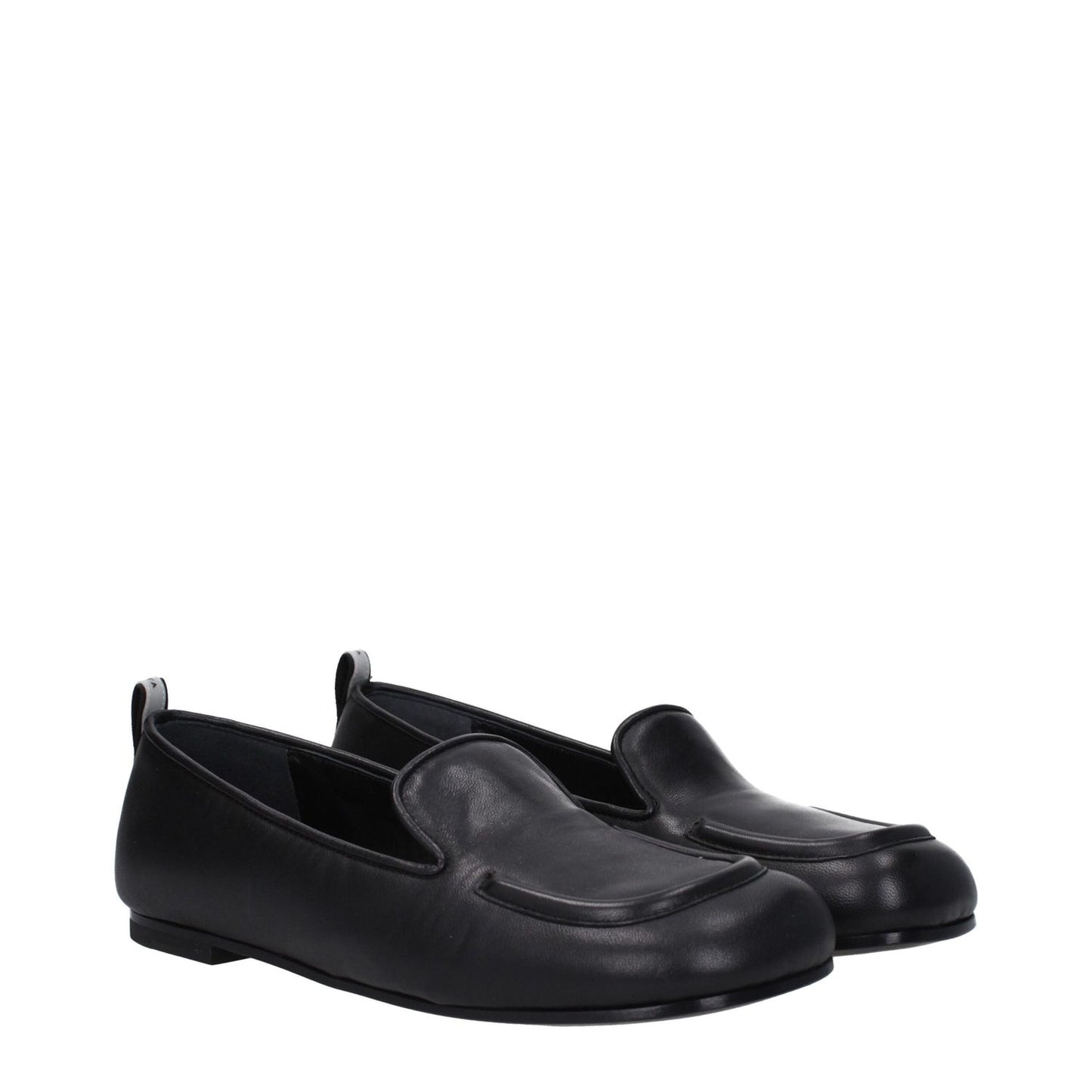 Premiata Black Leather Slip-On Loafers with round toe and back logo, featuring low flat heel and leather sole.